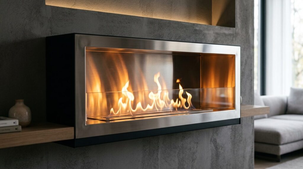 Close-up detail of a modern bioethanol fireplace insert with