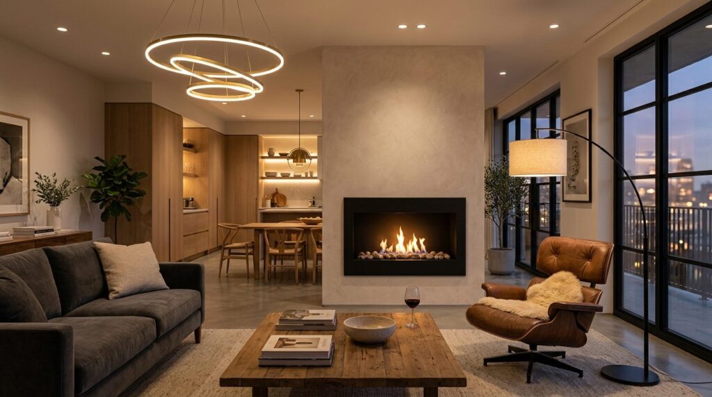 Contemporary open-plan apartment interior showcasing a bioet