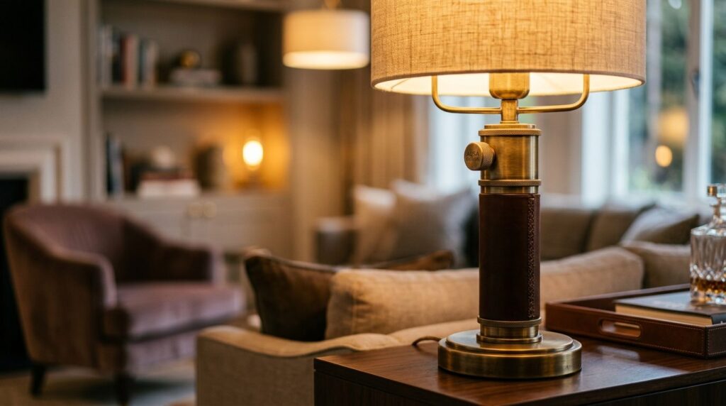 Close-up detail shot of a luxury designer table lamp with br