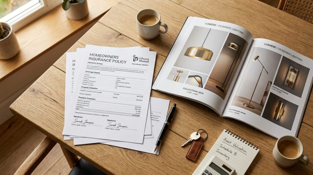 Flat lay overhead view of home insurance documents and paper