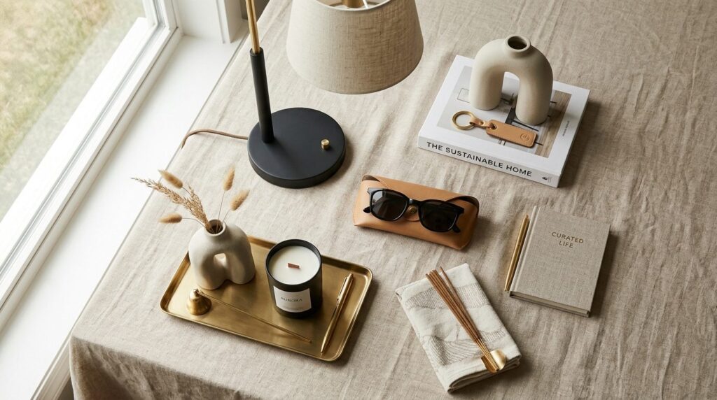 Overhead flat lay composition of a conscious consumers cura