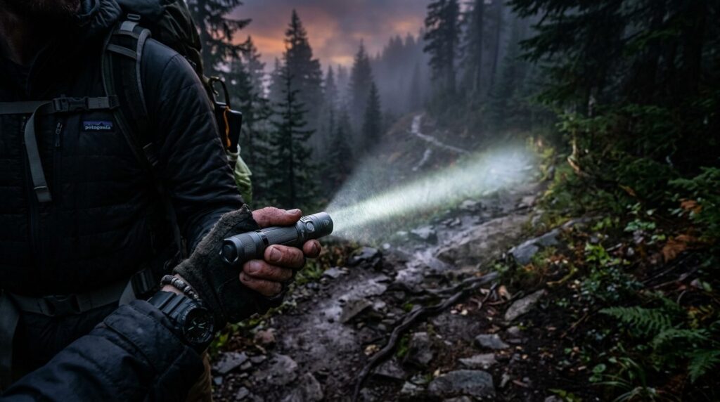 Outdoor wilderness scene at dusk showing a hikers hand hold