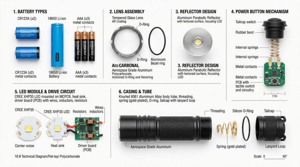 Close-up technical flat-lay of flashlight components on whit