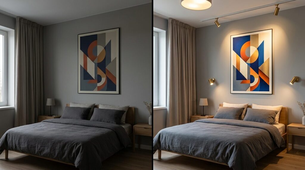 Split-screen interior comparison showing the same modern pos