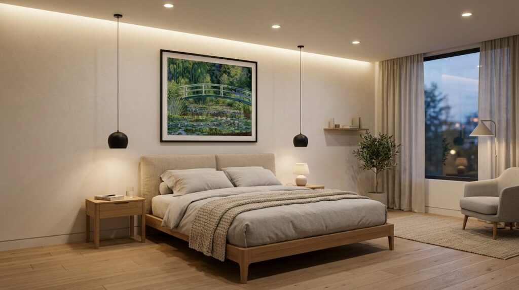 Modern minimalist bedroom interior with a Claude Monet Japan