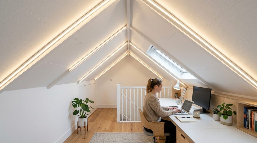 Interior view of contemporary attic space with low sloped ce