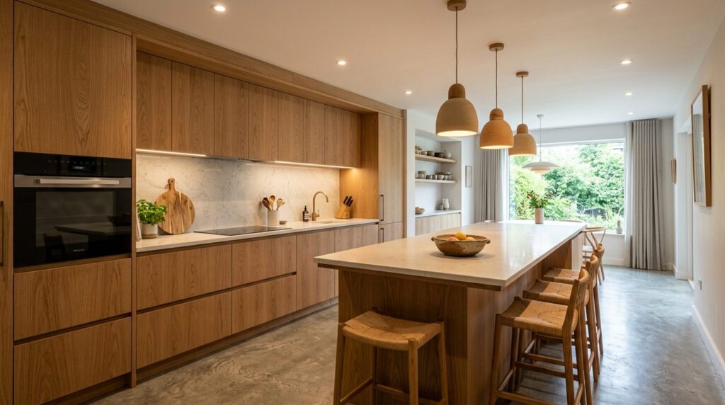 Contemporary kitchen interior with bespoke timber cabinetry 