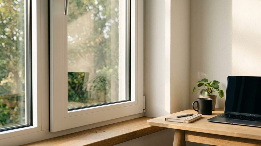 Close-up detail of modern window frame with white aluminum p