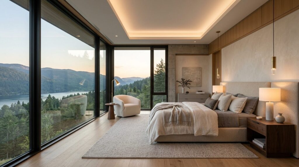 Elegant modern bedroom interior with large panoramic window 