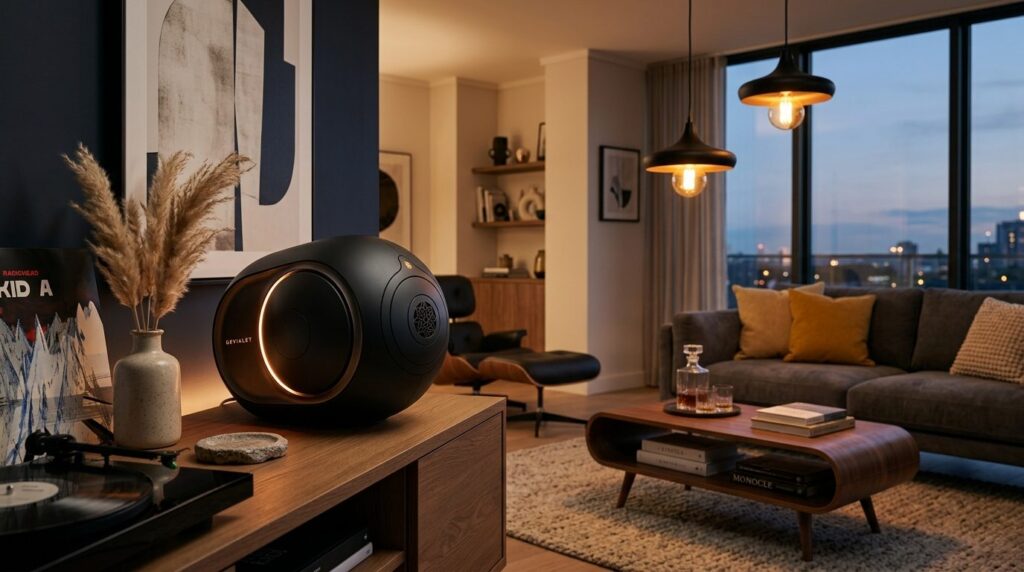 Close-up of premium speaker system with integrated mood ligh