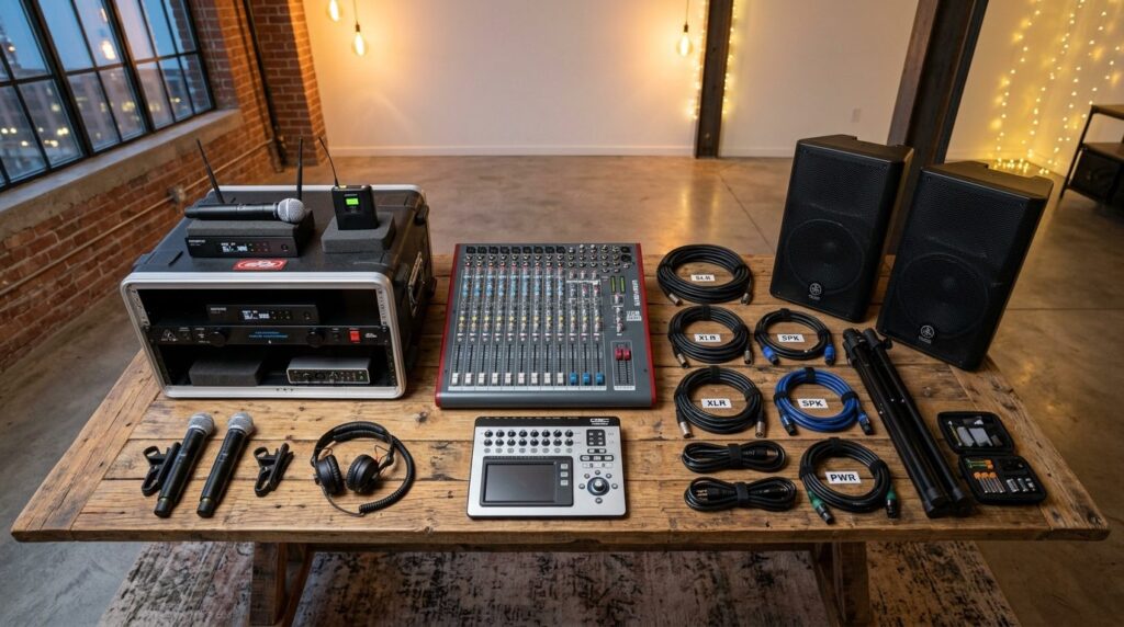 Overhead view of complete party sound rental setup arranged 