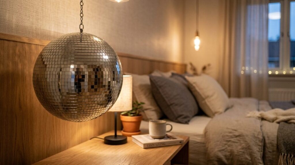 Close-up detail shot of a medium-sized reflective disco ball