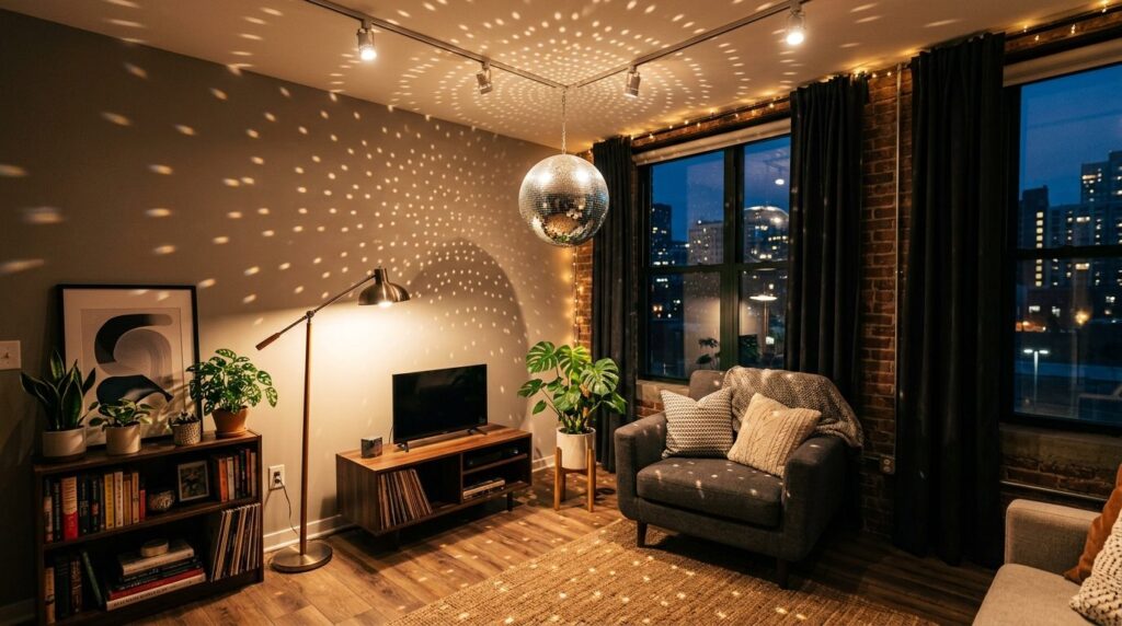 Wide-angle shot of a compact disco mirror ball suspended in 