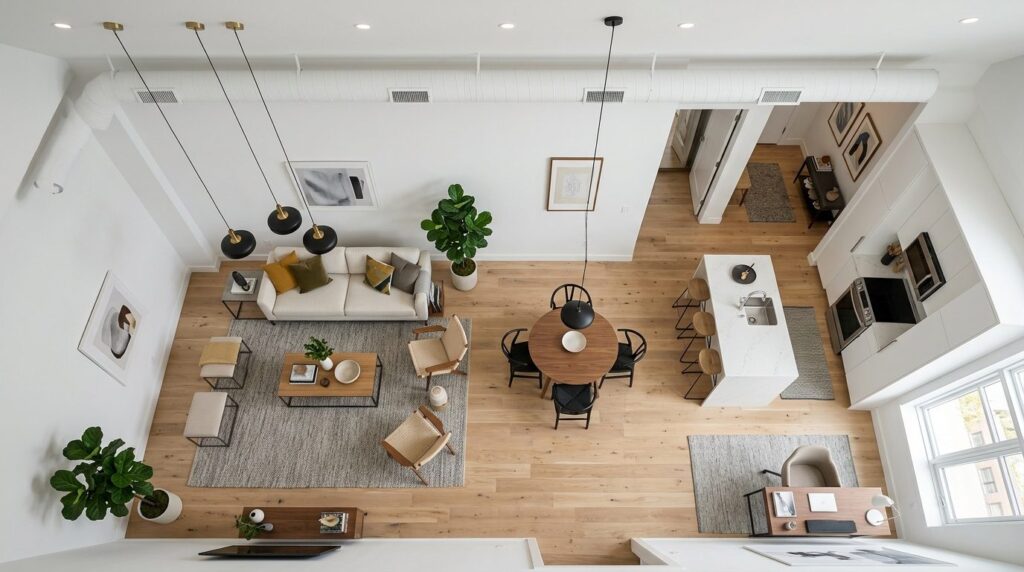 Overhead fotorealistic view of a contemporary renovated livi